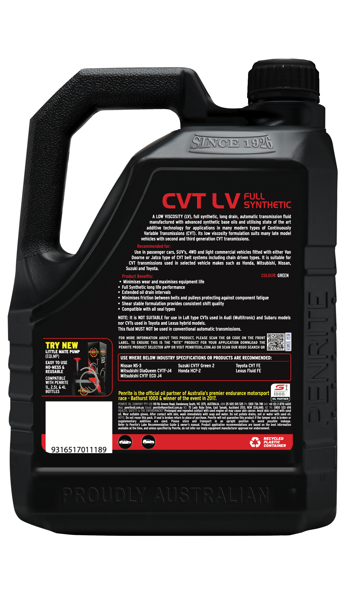 Penrite CVT Full Synthetic Low Viscosity Fluid 4L - CVTLOW004