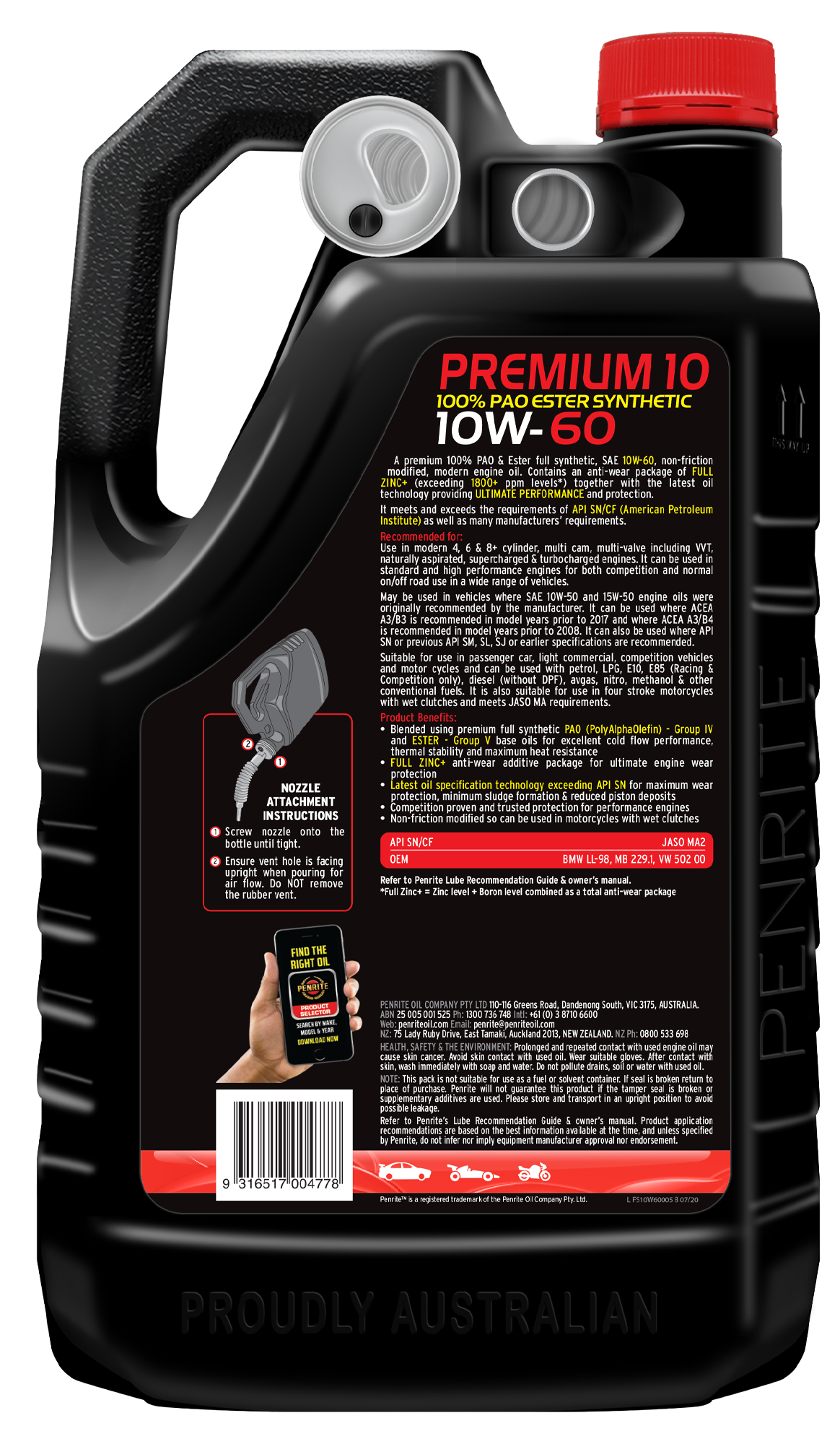 Penrite 10 Tenths Premium 10W-60 Engine Oil 5L - FS10W60005