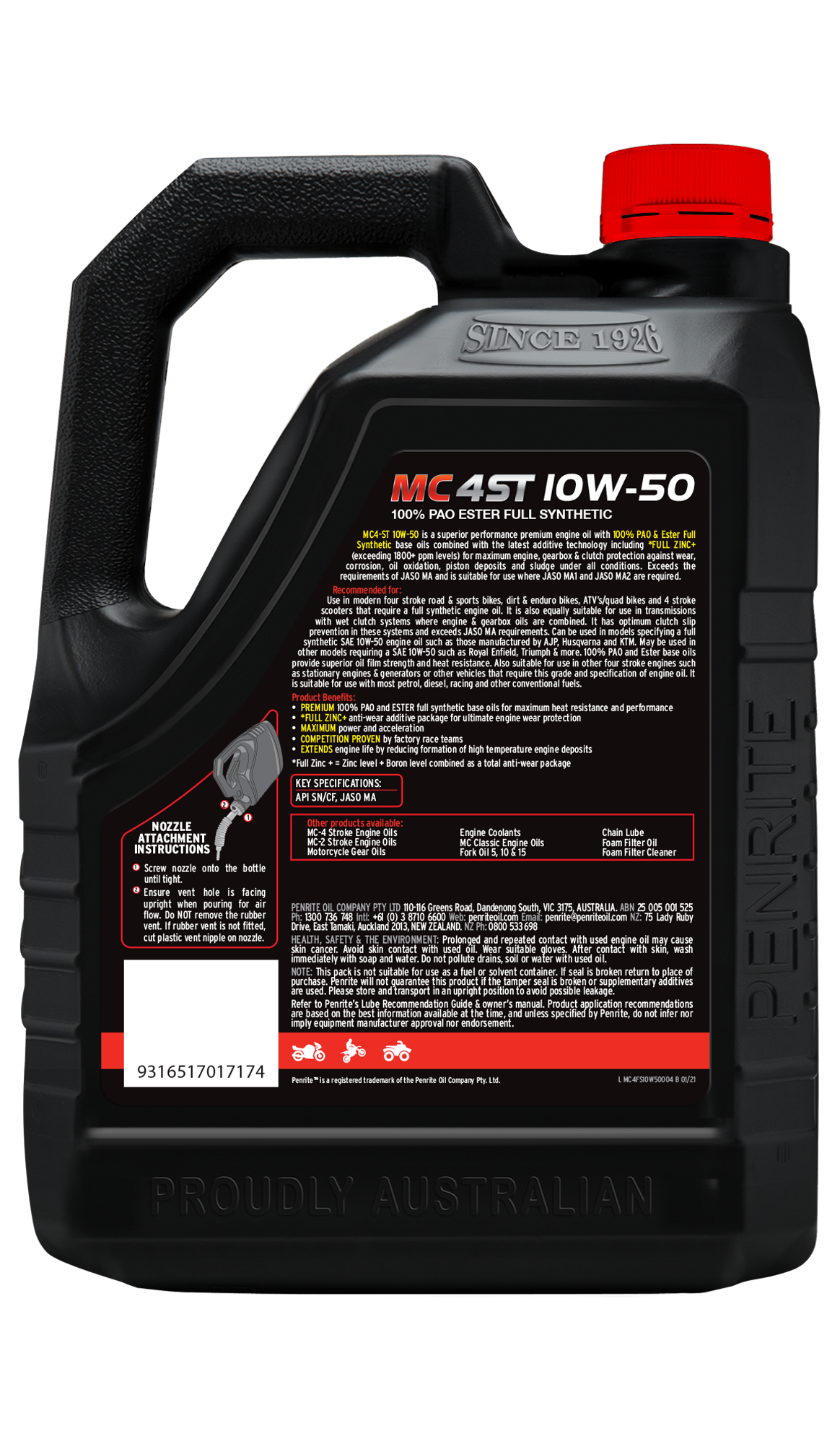 Penrite 4 Stroke Motorcycle Oil Full Synthetic PAO & Ester 10W-50 4L -MC4FS10W50004