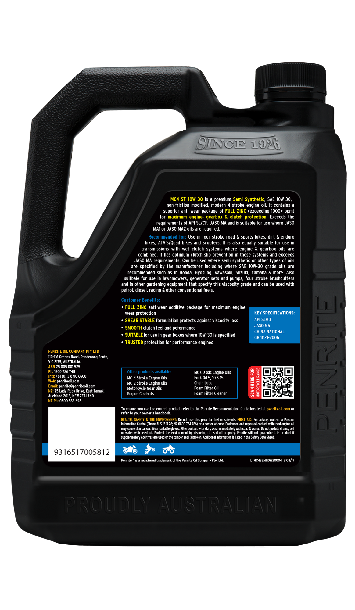 Penrite MC-4ST 10W-30 Semi Synthetic 4L -MC4SEMI10W30004