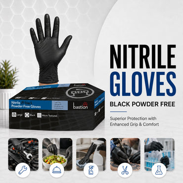 Bastion Nitrile Ultra Soft Black Powder Free Gloves Large Micro Textured 100 Pcs