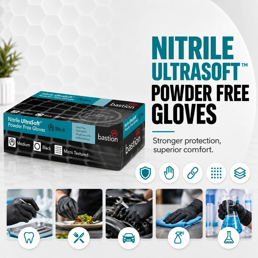 Bastion Nitrile Ultra Soft Black Powder Free Gloves Medium Micro Textured 100 Pcs