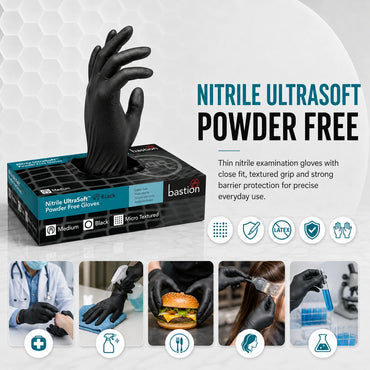 Bastion Nitrile Ultra Soft Black Powder Free Gloves Medium Micro Textured (100x10) 1000 Pcs
