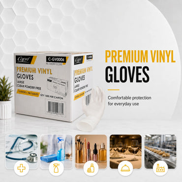 Capri Premium Vinyl Gloves Powder Free Large Clear 1000 Pcs (10 X 100pcs) - C-GV0006