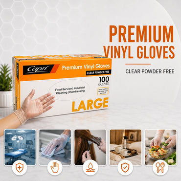 Capri Premium Vinyl Gloves Powder Free Large Clear 100 Pcs - C-GV0006