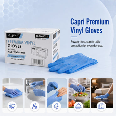 Capri Premium Vinyl Gloves Powder Free Medium Blue 1000 Pcs (10 X 100pcs) - C-GV0011