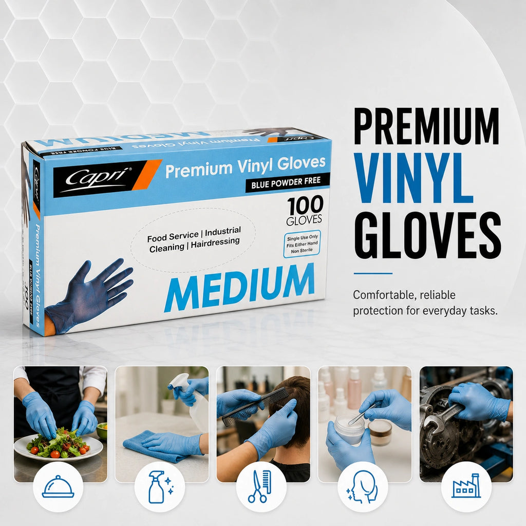 Capri Premium Vinyl Gloves Powder Free Medium Blue 100 Pcs - - C-GV0011