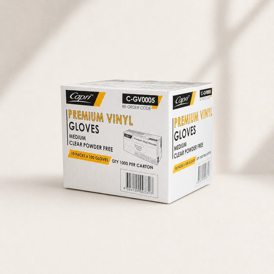 Capri Premium Vinyl Gloves Powder Free Medium Clear 1000 Pcs (10 X 100pcs) - C-GV0005