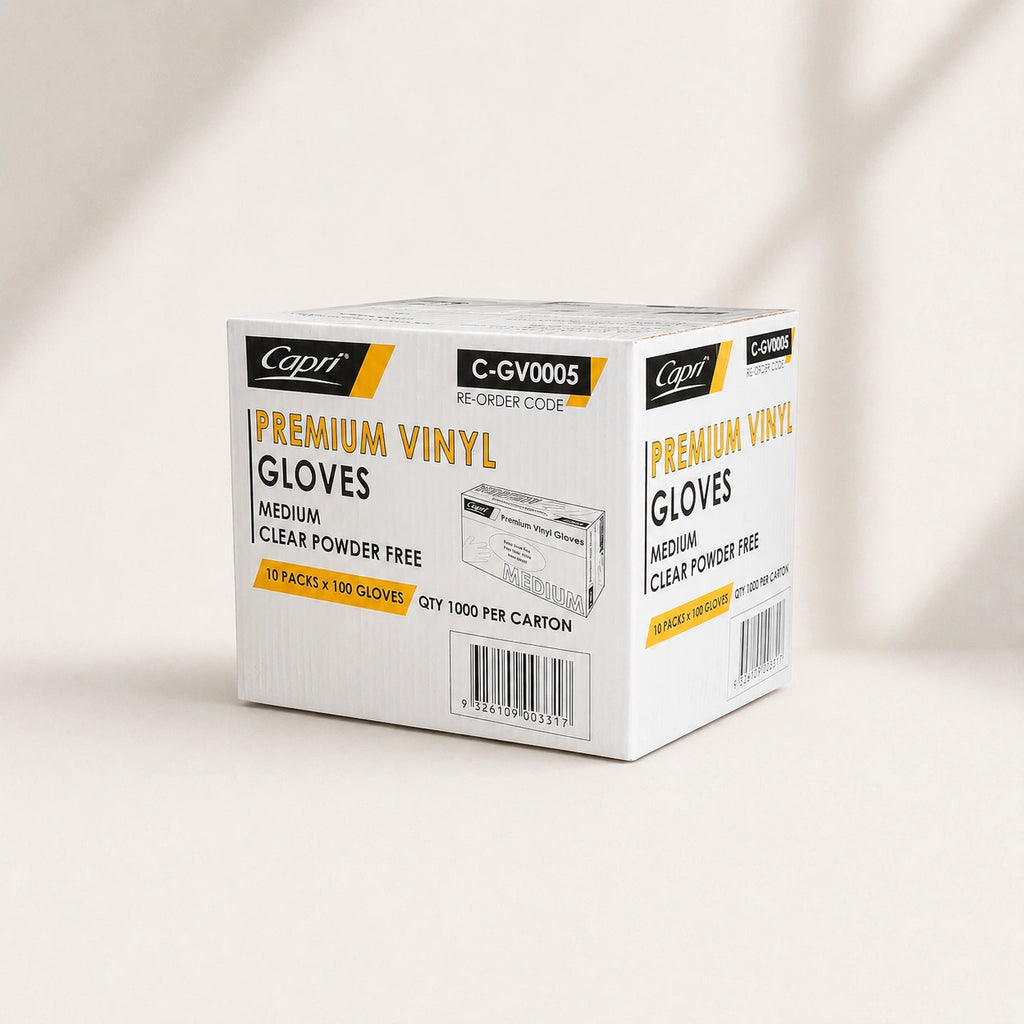Capri Premium Vinyl Gloves Powder Free Medium Clear 1000 Pcs (10 X 100pcs) - C-GV0005