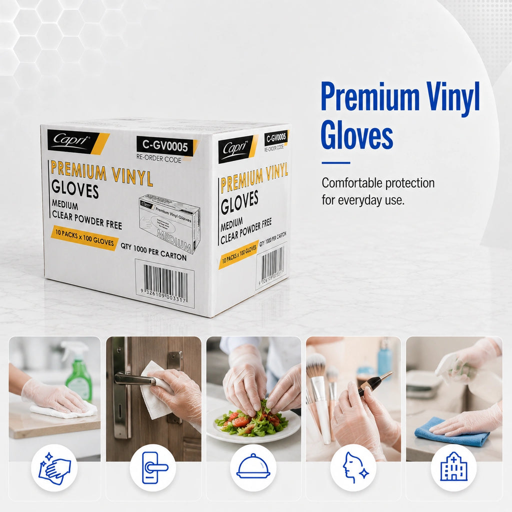 Capri Premium Vinyl Gloves Powder Free Medium Clear 1000 Pcs (10 X 100pcs) - C-GV0005