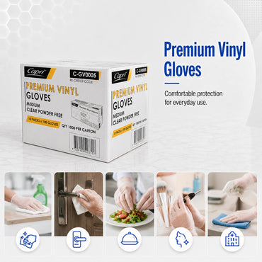 Capri Premium Vinyl Gloves Powder Free Medium Clear 1000 Pcs (10 X 100pcs) - C-GV0005