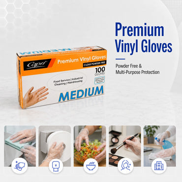 Capri Premium Vinyl Gloves Powder Free Medium Clear 100 Pcs - C-GV0005