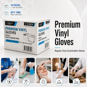 Capri Premium Vinyl Gloves Powder Free Small Blue 1000 Pcs (10 X 100pcs) - C-GV0010