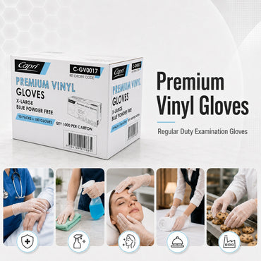 Capri Premium Vinyl Gloves Powder Free X-Large Blue 1000 Pcs (10 X 100pcs) - C-GV0017
