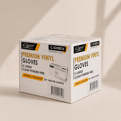 Capri Premium Vinyl Gloves Powder Free X-Large Clear 1000 Pcs (10 X 100pcs) - C-GV0016