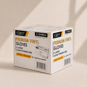 Capri Premium Vinyl Gloves Powder Free X-Large Clear 1000 Pcs (10 X 100pcs) - C-GV0016