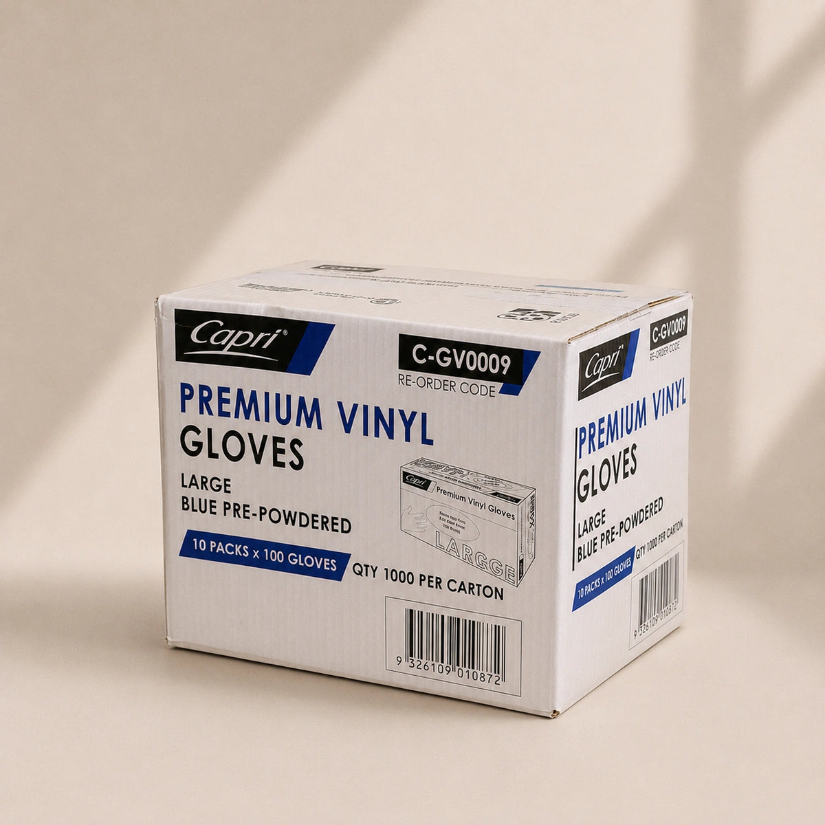 Capri Premium Vinyl Gloves Pre-Powdered Large Blue 1000 Pcs (10 X 100pcs) - C-GV0009