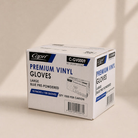 Capri Premium Vinyl Gloves Pre-Powdered Large Blue 1000 Pcs (10 X 100pcs) - C-GV0009