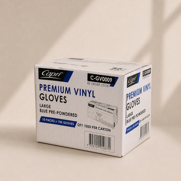 Capri Premium Vinyl Gloves Pre-Powdered Large Blue 1000 Pcs (10 X 100pcs) - C-GV0009