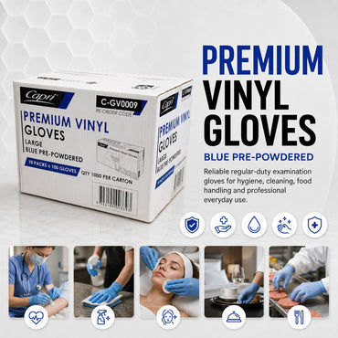 Capri Premium Vinyl Gloves Pre-Powdered Large Blue 1000 Pcs (10 X 100pcs) - C-GV0009