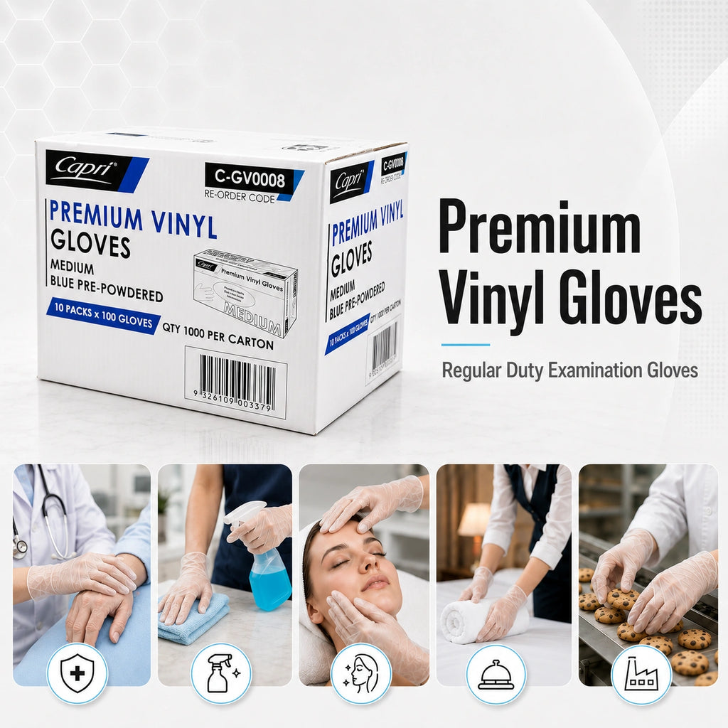 Capri Premium Vinyl Gloves Pre-Powdered Medium Blue 1000 Pcs (10 X 100pcs) -  C-GV0008