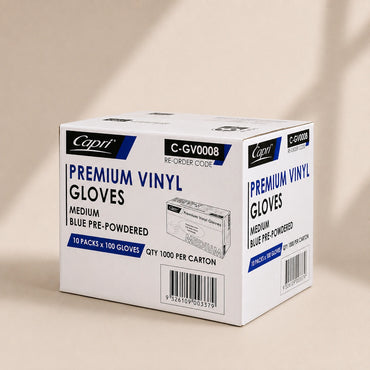 Capri Premium Vinyl Gloves Pre-Powdered Medium Blue 1000 Pcs (10 X 100pcs) -  C-GV0008