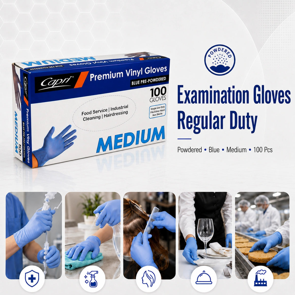 Capri Premium Vinyl Gloves Pre-Powdered Medium Blue 100Pcs -  C-GV0008
