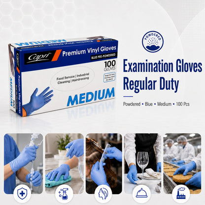 Capri Premium Vinyl Gloves Pre-Powdered Medium Blue 100Pcs -  C-GV0008