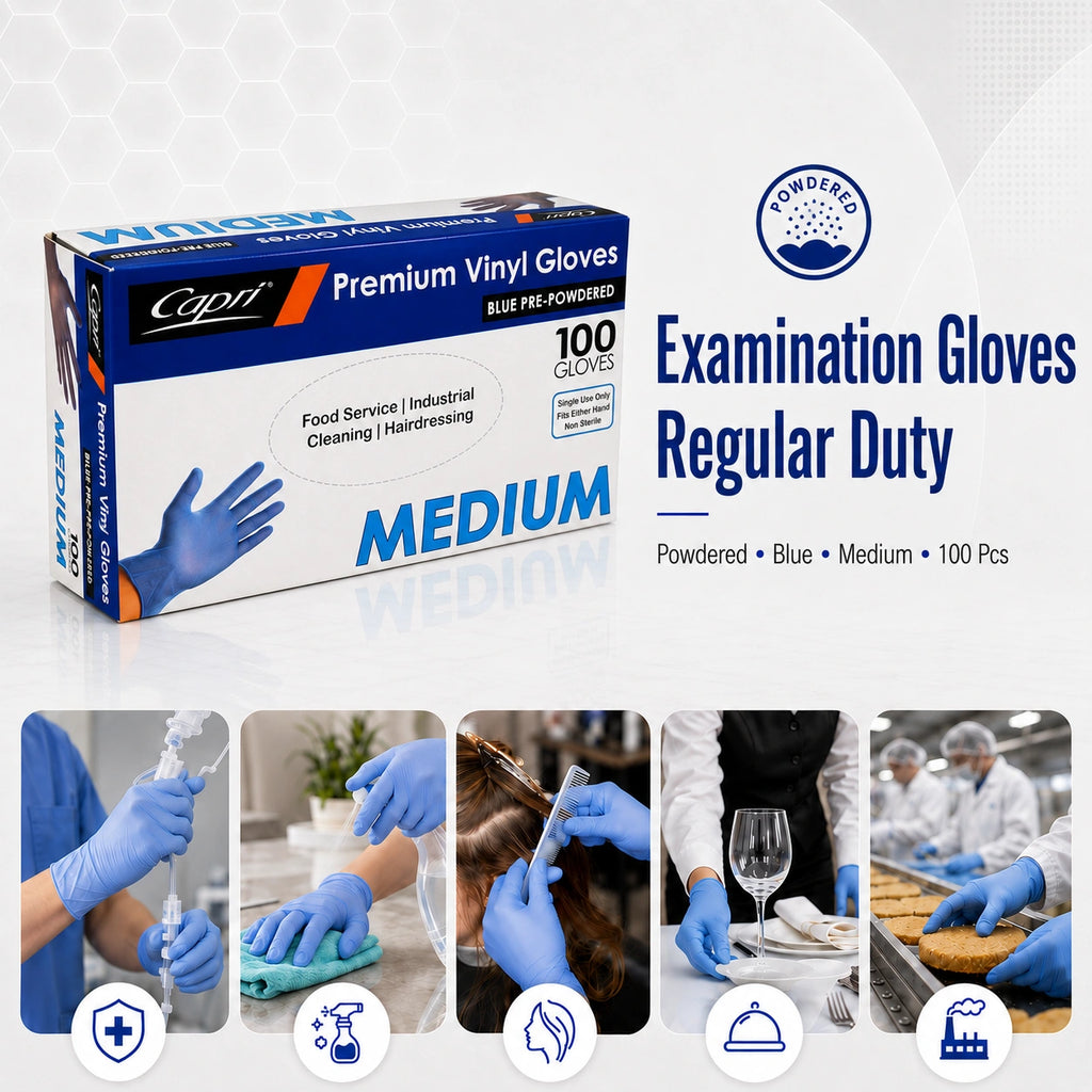 Capri Premium Vinyl Gloves Pre-Powdered Medium Blue 100Pcs -  C-GV0008