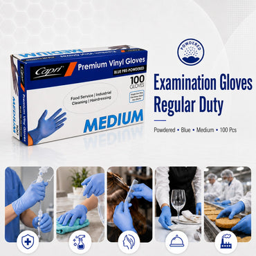 Capri Premium Vinyl Gloves Pre-Powdered Medium Blue 100Pcs -  C-GV0008