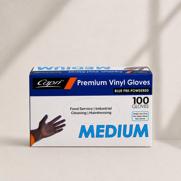 Capri Premium Vinyl Gloves Pre-Powdered Medium Blue 100Pcs -  C-GV0008