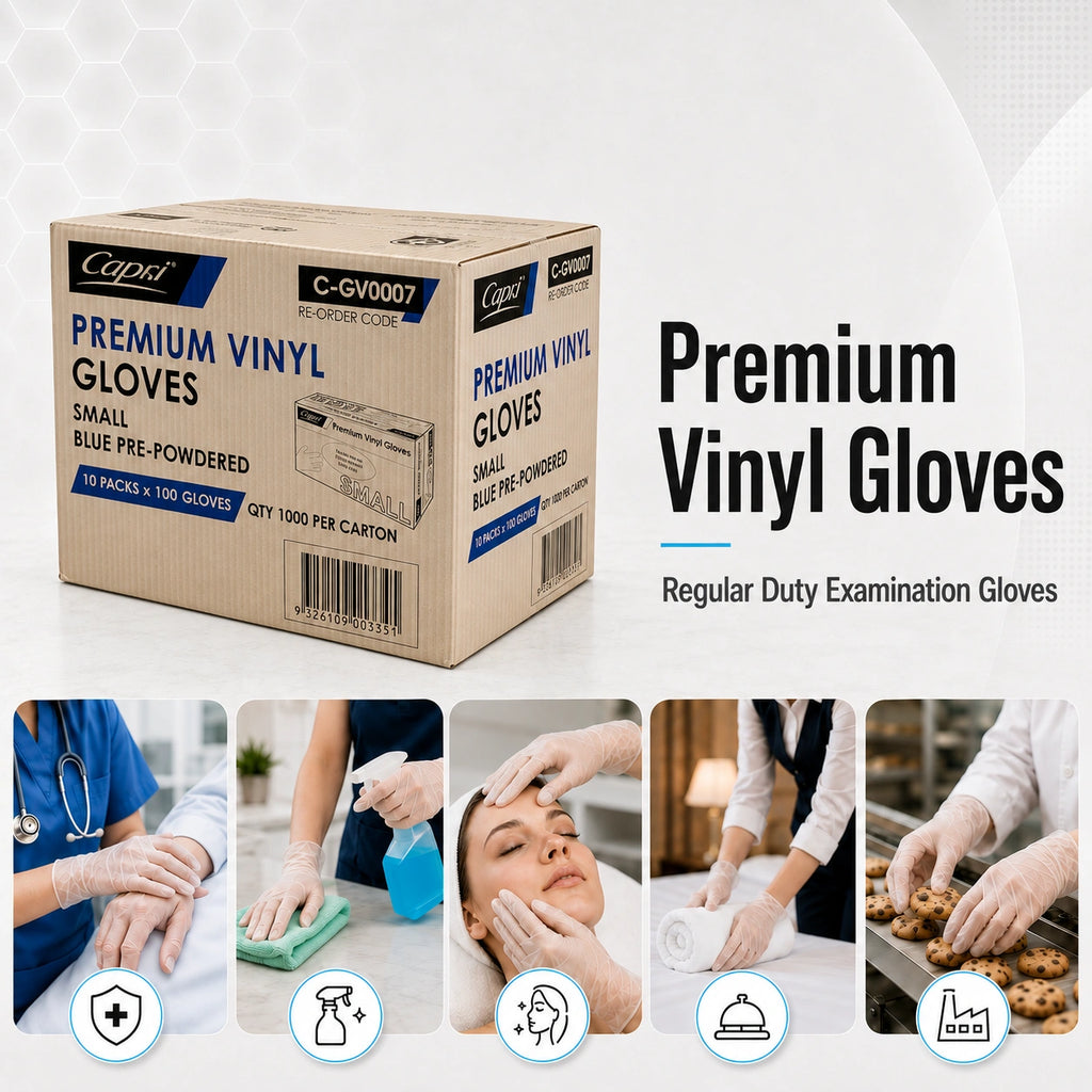 Capri Premium Vinyl Gloves Pre-Powdered Small Blue 1000 Pcs (10 X 100pcs) - C-GV0007