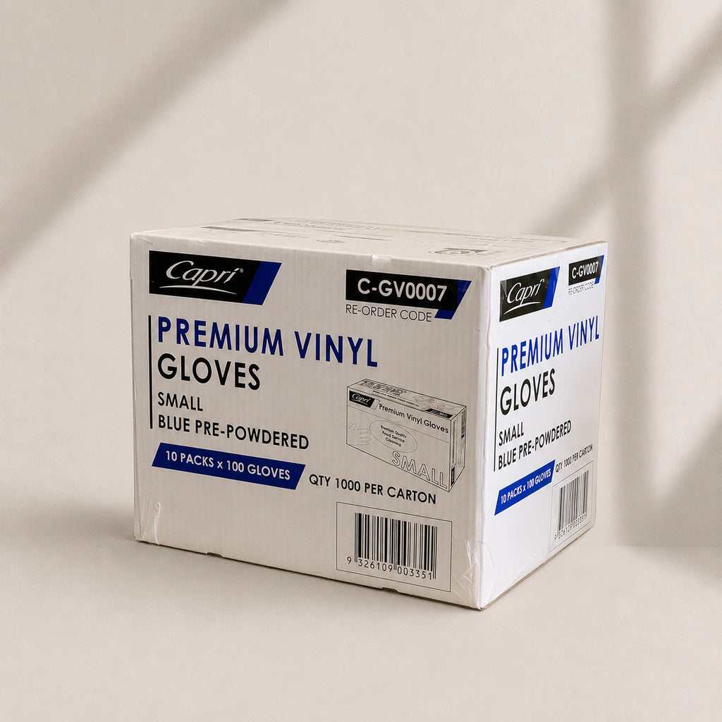 Capri Premium Vinyl Gloves Pre-Powdered Small Blue 1000 Pcs (10 X 100pcs) - C-GV0007