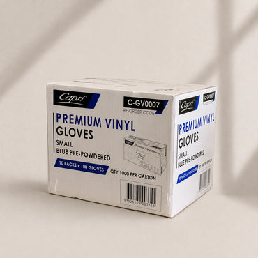 Capri Premium Vinyl Gloves Pre-Powdered Small Blue 1000 Pcs (10 X 100pcs) - C-GV0007