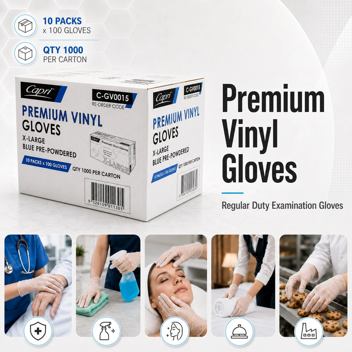 Capri Premium Vinyl Gloves Pre-Powdered X-Large Blue 1000 Pcs (10 X 100pcs) - C-GV0015