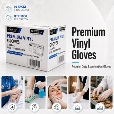 Capri Premium Vinyl Gloves Pre-Powdered X-Large Blue 1000 Pcs (10 X 100pcs) - C-GV0015