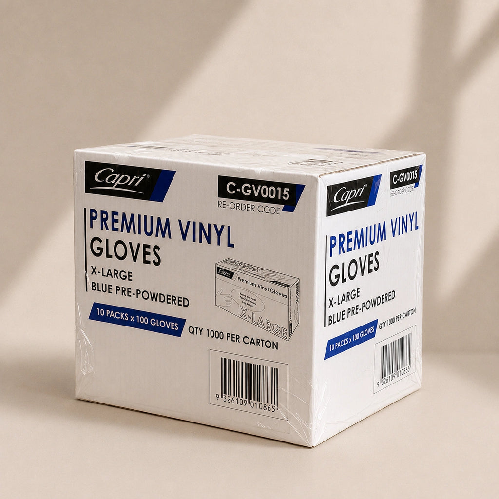 Capri Premium Vinyl Gloves Pre-Powdered X-Large Blue 1000 Pcs (10 X 100pcs) - C-GV0015