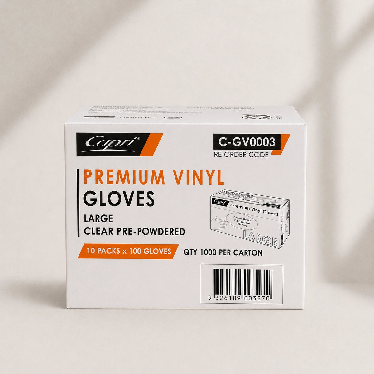 Capri Premium Vinyl Gloves Pre Powdered Large Clear 1000 Pcs (10 X 100pcs) - C-GV0003