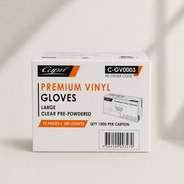 Capri Premium Vinyl Gloves Pre Powdered Large Clear 1000 Pcs (10 X 100pcs) - C-GV0003