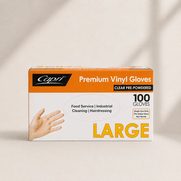 Capri Premium Vinyl Gloves Pre Powdered Large Clear 100 Pcs - C-GV0003