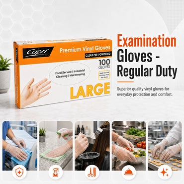 Capri Premium Vinyl Gloves Pre Powdered Large Clear 100 Pcs - C-GV0003