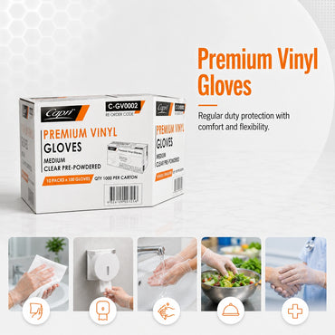 Capri Premium Vinyl Gloves Pre Powdered Medium Clear 1000 Pcs (10 X 100pcs) - C-GV0002