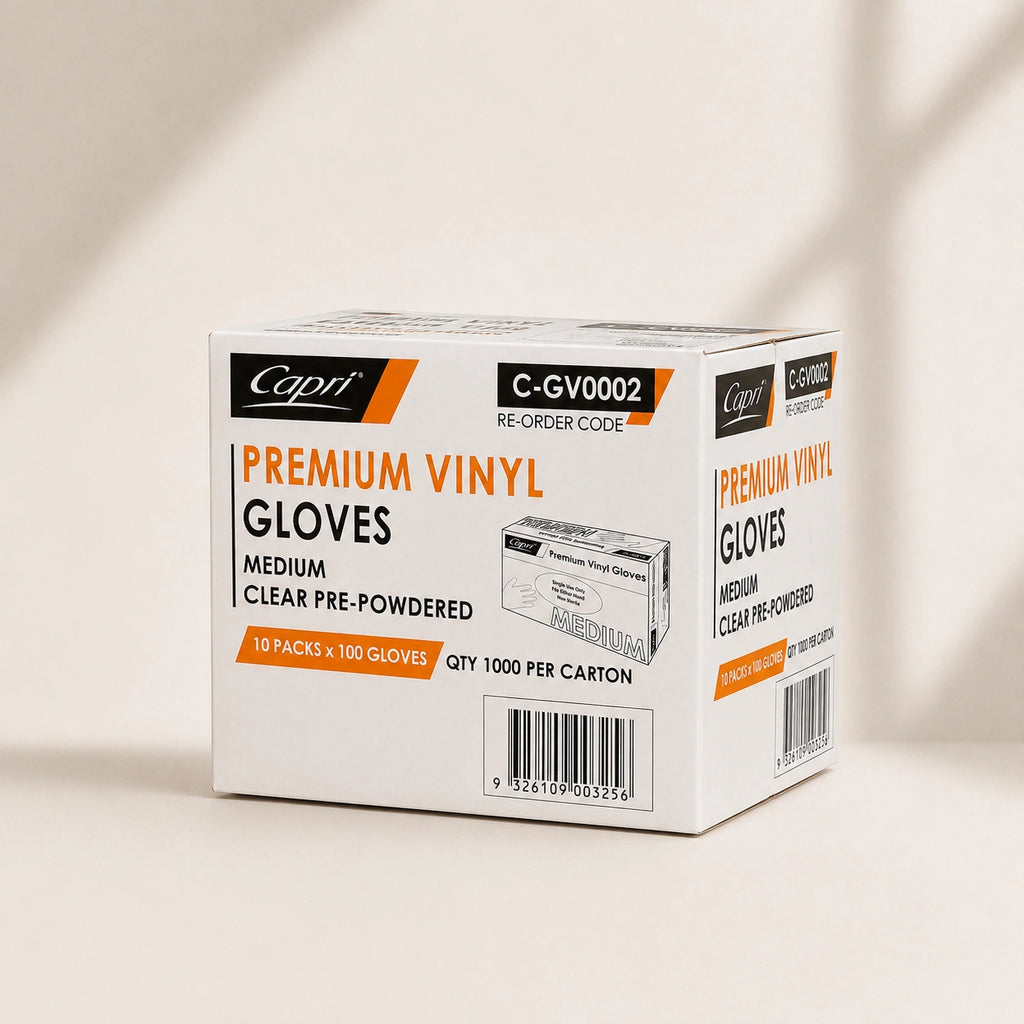 Capri Premium Vinyl Gloves Pre Powdered Medium Clear 1000 Pcs (10 X 100pcs) - C-GV0002