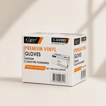 Capri Premium Vinyl Gloves Pre Powdered Medium Clear 1000 Pcs (10 X 100pcs) - C-GV0002