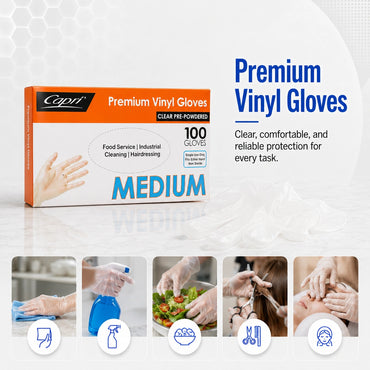 Capri Premium Vinyl Gloves Pre Powdered Medium Clear 100 Pcs - C-GV0002