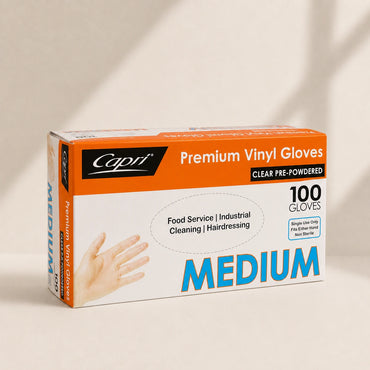 Capri Premium Vinyl Gloves Pre Powdered Medium Clear 100 Pcs - C-GV0002