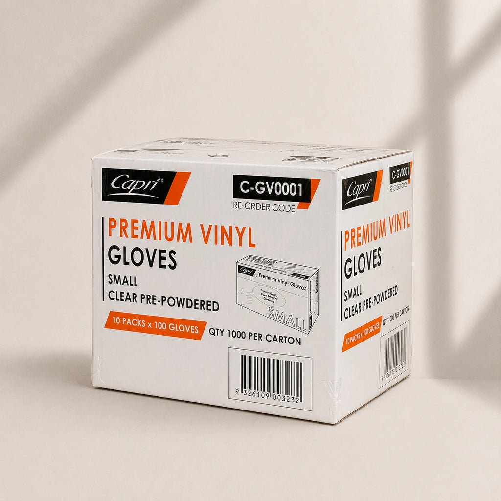 Capri Premium Vinyl Gloves Pre Powdered Small Clear 1000 Pcs (10 X 100pcs) - C-GV0001