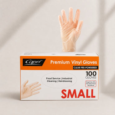 Capri Premium Vinyl Gloves Pre Powdered Small Clear 100 Pcs - C-GV0001