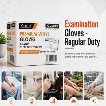 Capri Premium Vinyl Gloves Pre Powdered X-Large Clear 1000 Pcs (10 X 100pcs) -C-GV0013