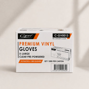 Capri Premium Vinyl Gloves Pre Powdered X-Large Clear 1000 Pcs (10 X 100pcs) -C-GV0013